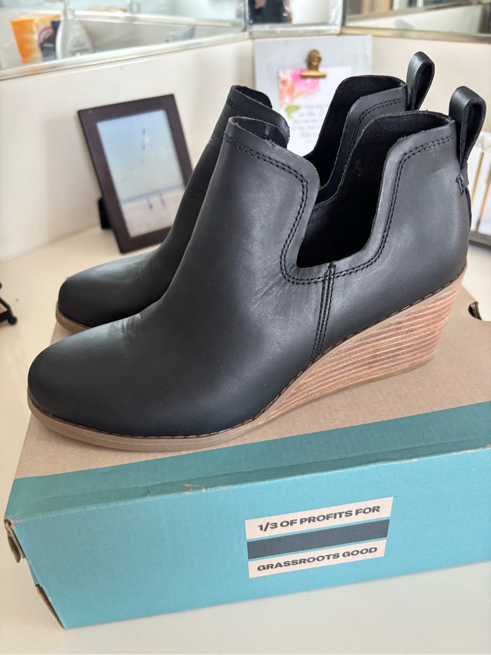Toms Black Leather Wedge Booties with Tan Stacked Heel